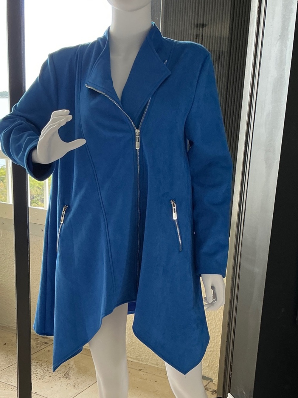 Women's Electric Blue Asymmetrical Zip Trench Coat